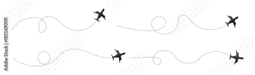 Flight path line airplane tracking routes. Line path of an airplane flight routes  dotted travel line and location pin. Airplane flight path with dotted travel line and location pin.