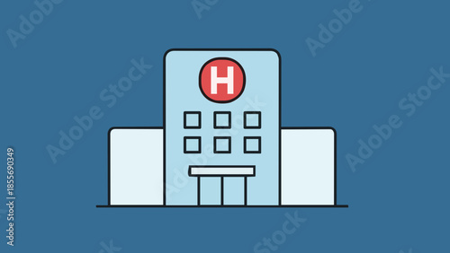 Vector illustration of a hospital building with a red 'H' symbol on a blue background, symbolizing healthcare services and medical facilities