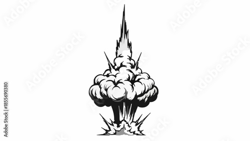Dynamic black and white comic book style illustration depicting a powerful explosion with a dramatic burst of smoke and debris, conveying a sense of impact and force