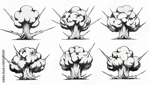 Explosion illustrations showing the rapid expansion of smoke and debris in a comic book style, for dramatic visual impact