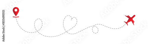 Love airplane route. heart dashed line trace and plane routes. multiple airplane travel routes and journey paths with dotted lines isolated vector illustration