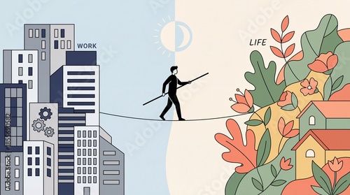Billede på lærred Man balancing work and life on a tightrope between city and nature