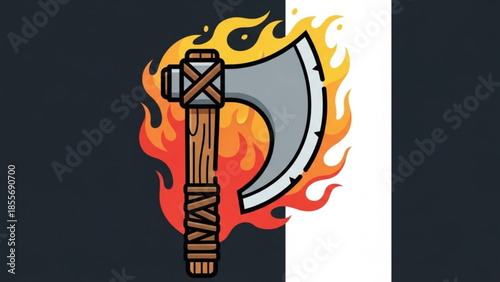 A cartoon battle axe with a wooden handle surrounded by vibrant orange and yellow flames on a dark background with a white stripe