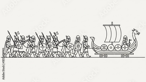 Viking warriors marching with shields and weapons pulling longboat on land