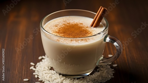 Vegetable Milk in a Glass Cup on a Dark Wooden Background with Cinnamon Sticks and Rice Grains