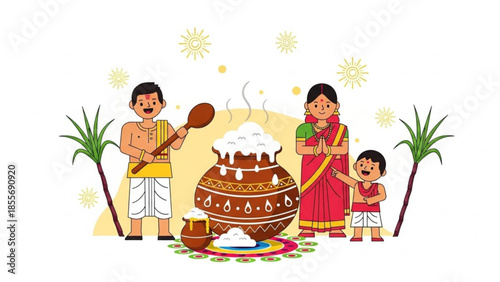 Traditional indian family celebrating harvest festival with steaming pot, colorful rangoli and palm trees, smiling man, woman and child in ethnic wear
