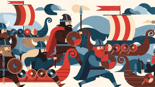 Viking warriors in battle with longships sailing in background, medieval nordic fighters with shields and swords, historic scandinavian naval warfare scene with cloudy sky