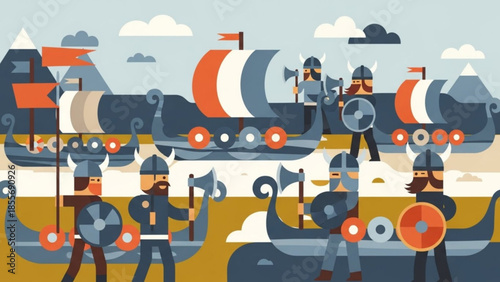 Viking warriors with longships, shields, and battle axes on sandy beach, ready for medieval combat, historical illustration