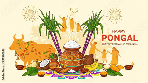 Happy pongal harvest festival of tamil nadu with decorated cow, traditional pot, palm trees, and colorful rangoli design on floor