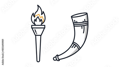A torch with yellow and orange flame beside a curved horn on white background, symbolizing announcement and guidance