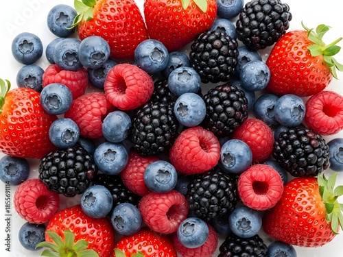 Fresh Berries on a White Background, Top View Close-Up with Water Drops Creating a Juicy and Vibrant Look