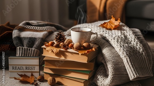 Cozy Home Still Life with Sweaters, Cup of Tea, Nuts, Books, and Autumn Decor Creating a Warm Read and Rest Mood