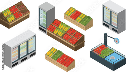Isometric illustration of grocery store produce section, fresh vegetables display refrigeration units retail market food vector concept
