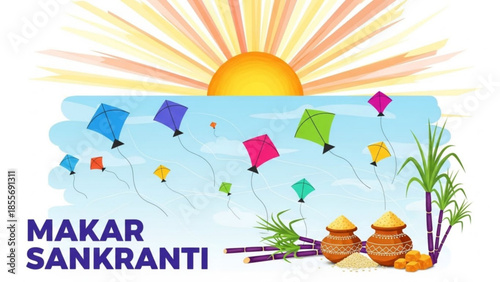 Makar sankranti festival celebration with colorful kites flying in sky, sun rising behind, sugarcane and traditional indian sweets on ground