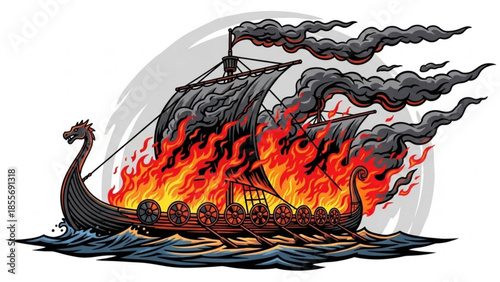 Viking longboat on fire with flames and smoke rising, sailing on turbulent waters with a dragon head bow, intense burning ship in sea