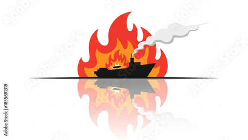A black ship engulfed in flames with smoke rising on water surface