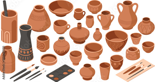 Isometric illustration of handmade pottery collection, clay ceramic bowls vases cups traditional craft art workshop vector set