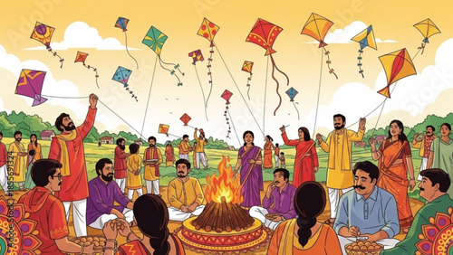 People in traditional indian clothing flying colorful kites and celebrating a festival in a green field with a fire pit