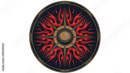 Viking shield with red flames on a black background and gold accents, medieval symbol of strength and protection