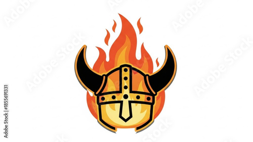 Viking helmet on fire with flames burning behind, fierce warrior headgear, blazing hot armor, medieval battle gear