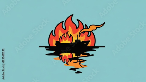 Vibrant illustration of a silhouette ship on fire floating on water with a teal background