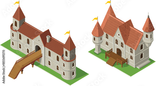 Isometric illustration of medieval castle buildings with towers bridges, fantasy architecture fortress history game asset vector scene