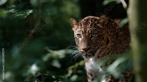 Majestic wild leopard prowling through lush green jungle habitat with stealth and grace