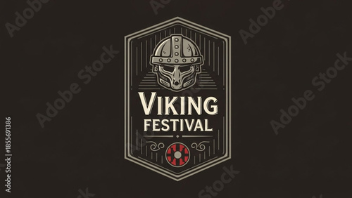 Viking festival logo with shield, helmet and shield boss on dark background, medieval norse event emblem with ancient scandinavian warrior headgear