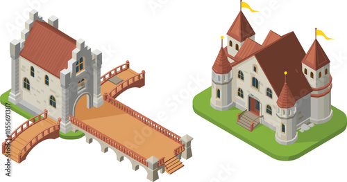 Isometric illustration of medieval castle buildings with towers bridges, fantasy architecture fortress history game asset vector scene