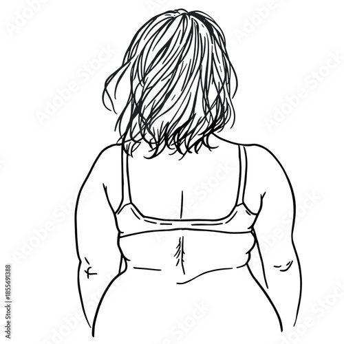 Plus size woman back view in bra with real skin texture