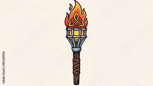 Vibrant cartoon torch with flame and celtic knot on a beige background, symbolizing passion and energy in a stylized illustration