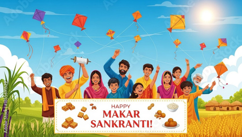 Happy makar sankranti celebration with family and friends flying colorful kites in a sunny field with traditional sweets