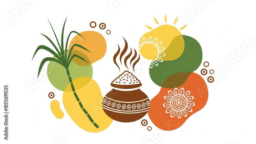 Pongal festival celebration with traditional pot, plant, and decorative elements, symbolizing harvest and prosperity in a vibrant, stylized illustration