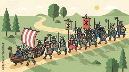 Viking warriors marching with a longboat on a dirt road in a green landscape with trees and hills