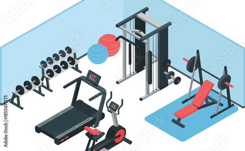 Isometric illustration of modern gym interior with fitness equipment, workout machines strength training health vector concept