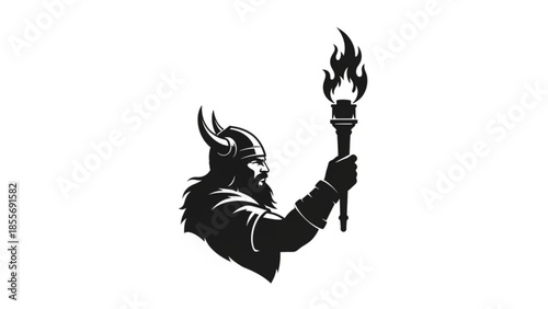 Black silhouette of a viking warrior holding a flaming torch in his hand, profile view, against a white background