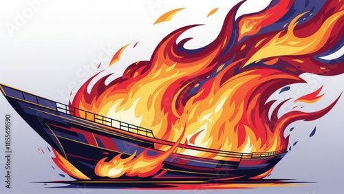 A dark blue boat engulfed in vibrant orange and yellow flames on water, with a railing along its side, against a light purple background