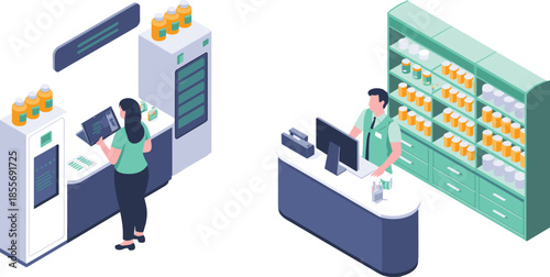 Isometric illustration of modern pharmacy interior, with pharmacist customer digital dispensing system shelves medicine bottles healthcare technology retail workflow vector
