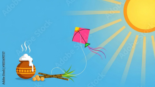 Vibrant kite flying high with traditional indian makar sankranti festival elements, colorful kite, clay pot, sweets and sugarcane on blue background with sunny rays
