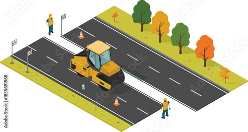 Isometric illustration of road construction with asphalt roller machine, highway maintenance workers traffic cones infrastructure development vector scene