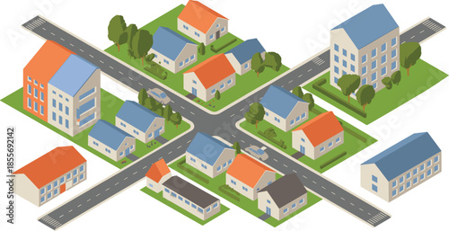 Isometric illustration of suburban neighborhood city block, residential houses roads urban planning real estate community vector concept