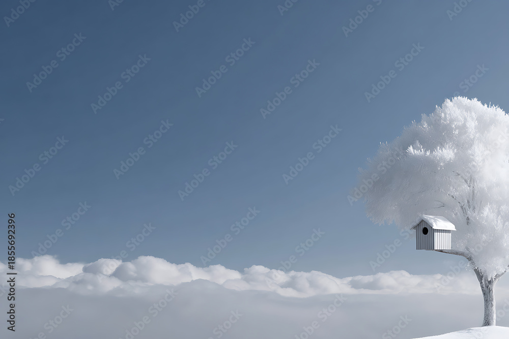 Fototapeta premium winter birdhouse, snow-covered tree with birdhouse under blue winter sky, simple composition, ample space for text