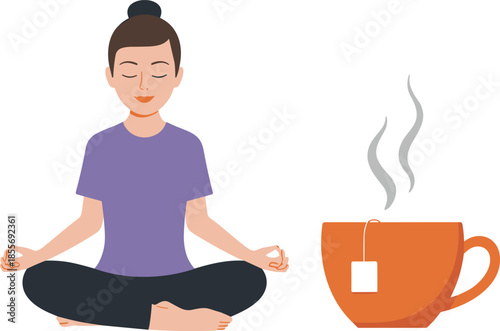 Minimalist illustration of meditation and mindfulness, calm person practicing yoga with hot tea relaxation wellness vector concept