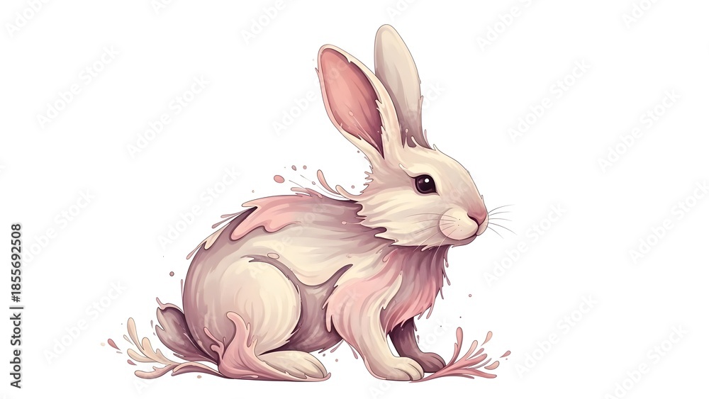 Obraz premium Whimsical watercolor illustration featuring a beautiful white and pink bunny rabbit with expressive dark eyes sitting calmly amidst abstract liquid splashes perfect for spring or easter design project