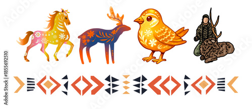 Folk art illustrations of animals and a hunter with a tribal border design