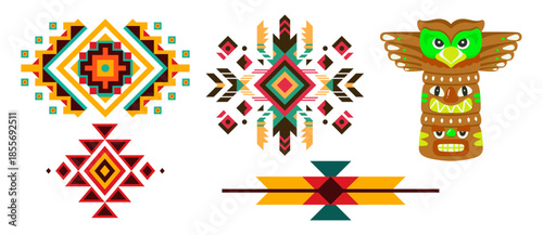 Native american tribal elements with geometric patterns and a colorful totem pole icon