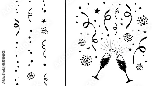 Celebratory black and white illustration with clinking champagne flutes and festive elements
