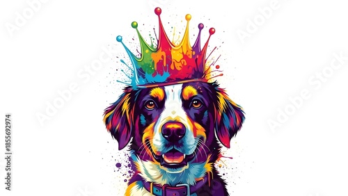 Majestic and colorful portrait of a happy border collie dog wearing a vibrant watercolor splash crown in a striking pop art style illustration