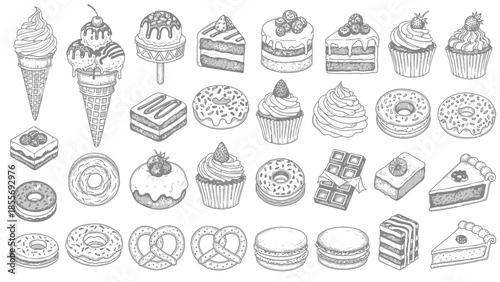 A delightful assortment of hand-drawn dessert sketches showcasing various sweet treats