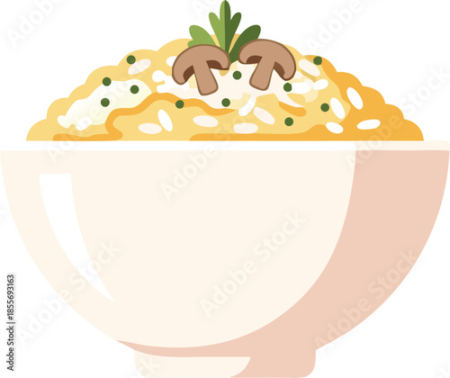 Warm bowl of creamy mushroom risotto with fresh herbs and grains, perfect for menus, recipe blogs, restaurant branding, and food packaging designs